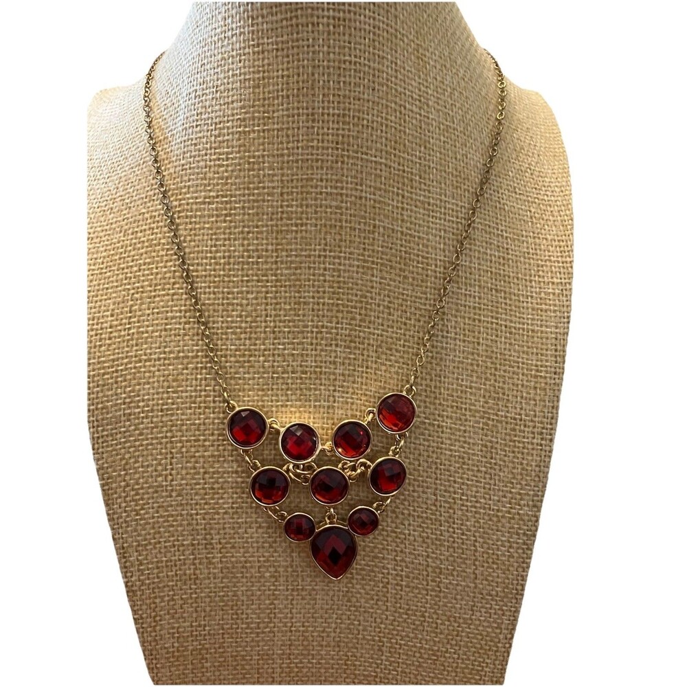 LC Red Necklace Bib Statement 16"-18" adjustable Liz Claiborne holiday gold tone